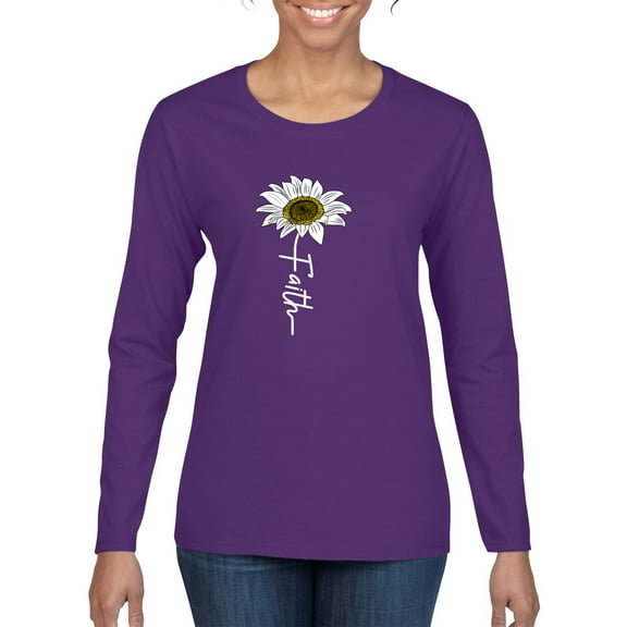 Wild Bobby Faith Flower Script Inspirational/Christian Women Graphic Long Sleeve Tee, Purple, Medium