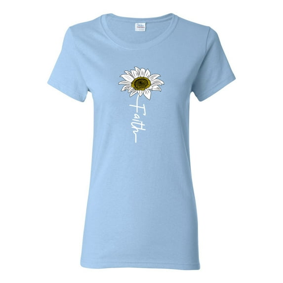 Wild Bobby Faith Flower Script Inspirational/Christian Women Graphic Tee, Light Blue, X-Large