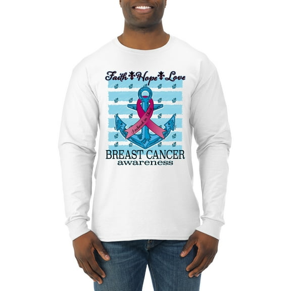 Wild Bobby Faith Hope Love Breast Cancer Awareness Anchor Breast Cancer Awareness Men Long Sleeve Shirt, White, Medium