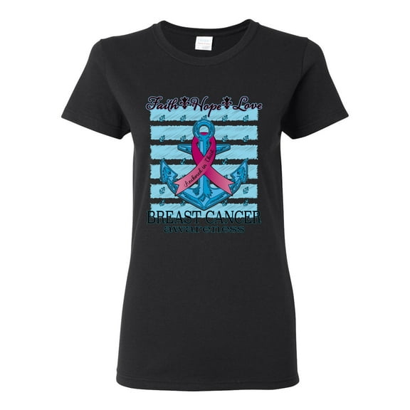 Wild Bobby Faith Hope Love Breast Cancer Awareness Anchor Breast Cancer Awareness Women Graphic Tee, Black, Small