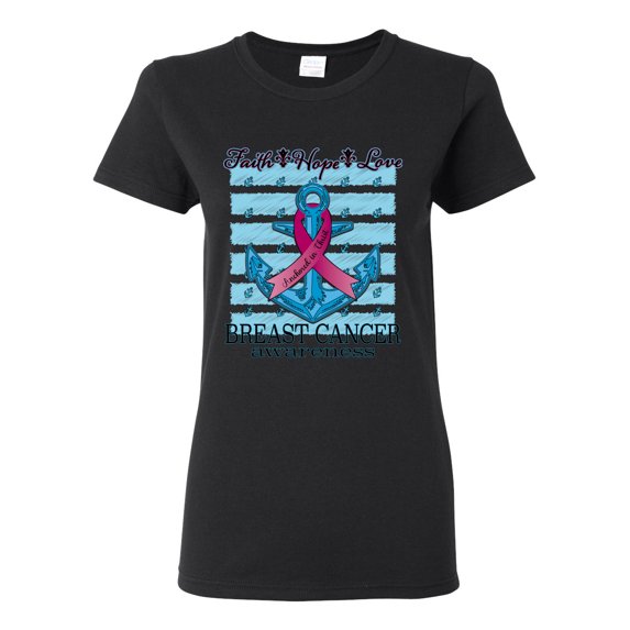 Wild Bobby Faith Hope Love Breast Cancer Awareness Anchor Breast Cancer Awareness Women Graphic Tee, Black, Small