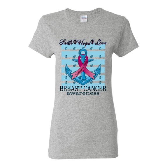 Wild Bobby Faith Hope Love Breast Cancer Awareness Anchor Breast Cancer Awareness Women Graphic Tee, Heather Grey, X-Large