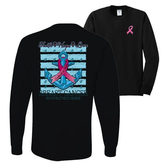 Wild Bobby Faith Hope Love Breast Cancer Awareness Front and Back Anchor Breast Cancer Awareness Front and Back Mens Long Sleeve Shirt, Black, X-Large