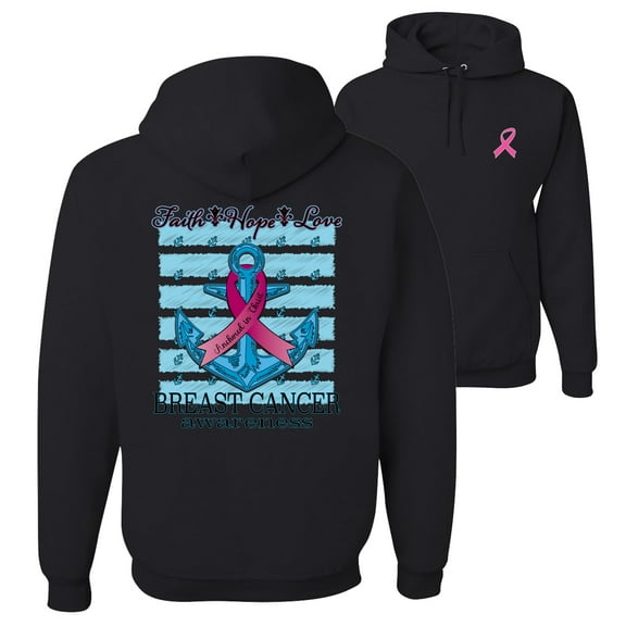 Wild Bobby Faith Hope Love Breast Cancer Awareness Front and Back Anchor Breast Cancer Awareness Front and Back Unisex Hoodie Sweatshirt, Black, Small
