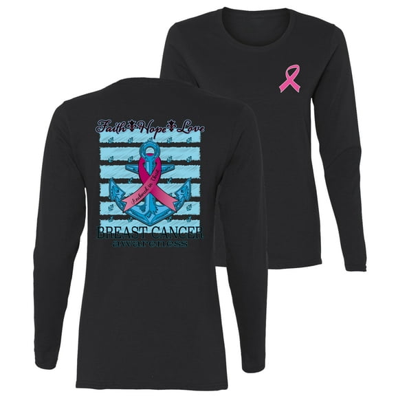 Wild Bobby Faith Hope Love Breast Cancer Awareness Front and Back Anchor Breast Cancer Awareness Front and Back Womens Graphic Long Sleeve T-Shirt, Black, Medium