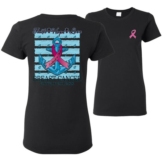 Wild Bobby Faith Hope Love Breast Cancer Awareness Front and Back Anchor Breast Cancer Awareness Front and Back Womens Graphic T-Shirt, Black, Small