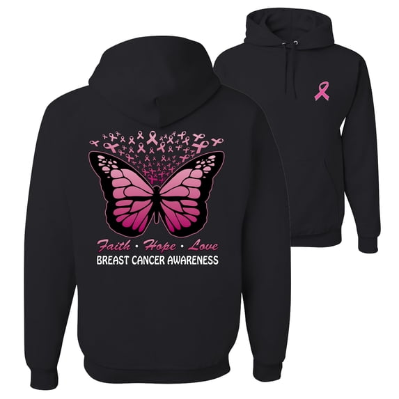 Wild Bobby Faith Hope Love Butterfly Ribbons Breast Cancer Awareness Front and Back Unisex Hoodie Sweatshirt, Black, 3X-Large