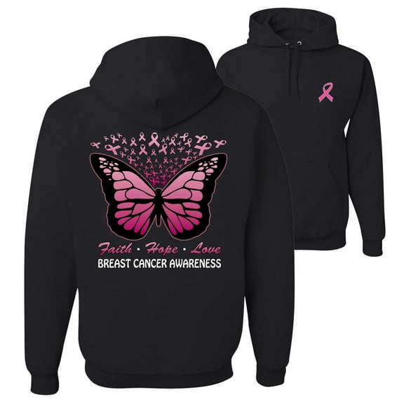 Wild Bobby Faith Hope Love Butterfly Ribbons Breast Cancer Awareness Front and Back Unisex Hoodie Sweatshirt, Black, Small