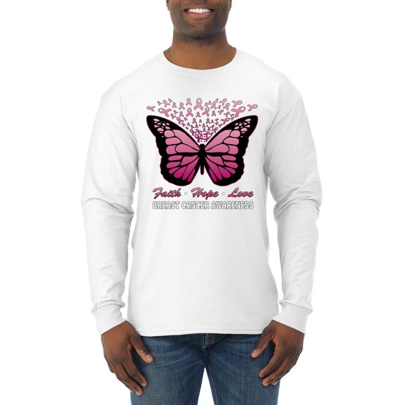 Wild Bobby Faith Hope Love Butterfly Ribbons Breast Cancer Awareness Men Long Sleeve Shirt, White, XX-Large