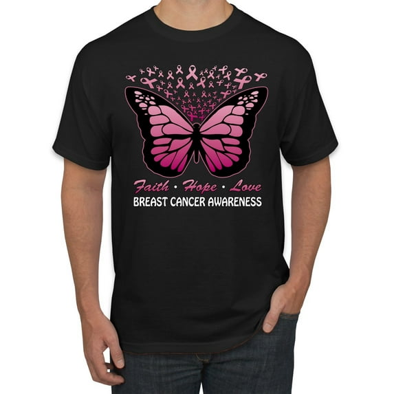 Wild Bobby Faith Hope Love Butterfly Ribbons Breast Cancer Awareness Men Tee, Black, 3X-Large
