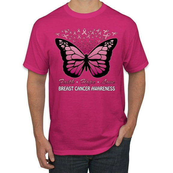 Wild Bobby Faith Hope Love Butterfly Ribbons Breast Cancer Awareness Men Tee, Fuschia, Large