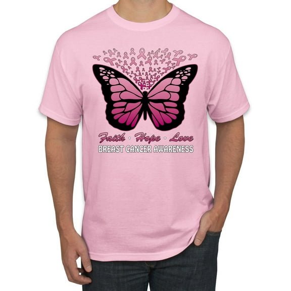 Wild Bobby Faith Hope Love Butterfly Ribbons Breast Cancer Awareness Men Tee, Light Pink, Large