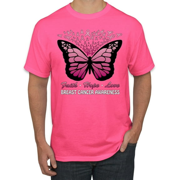 Wild Bobby Faith Hope Love Butterfly Ribbons Breast Cancer Awareness Men Tee, Neon Pink, 3X-Large