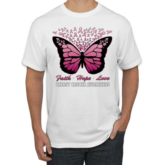 Wild Bobby Faith Hope Love Butterfly Ribbons Breast Cancer Awareness Men Tee, White, Medium