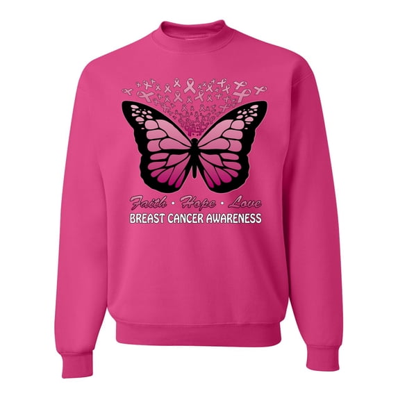 Wild Bobby Faith Hope Love Butterfly Ribbons Breast Cancer Awareness Unisex Crewneck Sweatshirt, Fuschia, Small