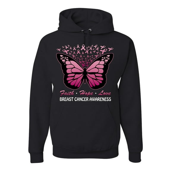 Wild Bobby Faith Hope Love Butterfly Ribbons Breast Cancer Awareness Unisex Hoodie Sweatshirt, Black, Small