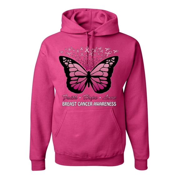 Wild Bobby Faith Hope Love Butterfly Ribbons Breast Cancer Awareness Unisex Hoodie Sweatshirt, Fuschia, Medium
