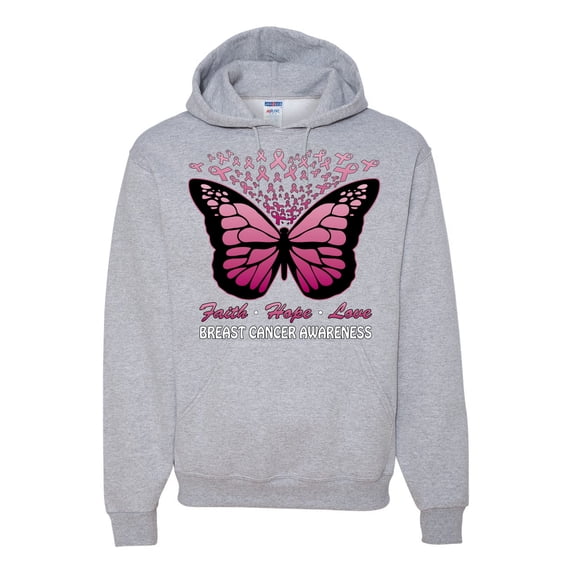 Wild Bobby Faith Hope Love Butterfly Ribbons Breast Cancer Awareness Unisex Hoodie Sweatshirt, Heather Grey, Medium