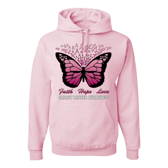 Wild Bobby Faith Hope Love Butterfly Ribbons Breast Cancer Awareness Unisex Hoodie Sweatshirt, Light Pink, 3X-Large