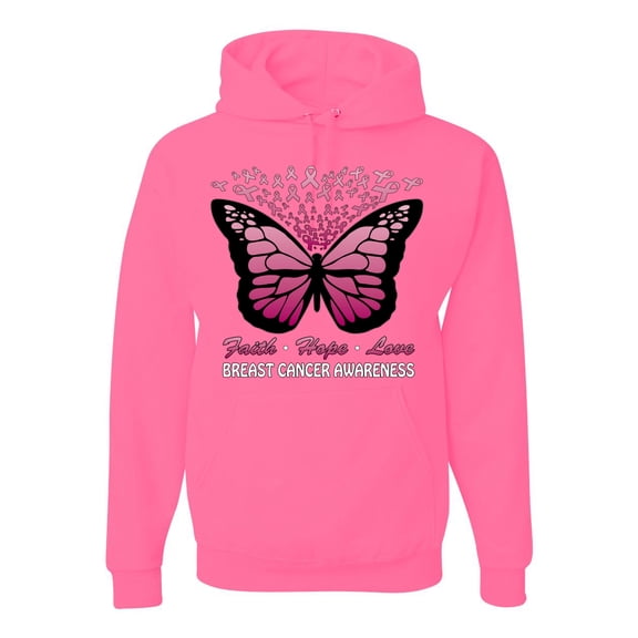 Wild Bobby Faith Hope Love Butterfly Ribbons Breast Cancer Awareness Unisex Hoodie Sweatshirt, Neon Pink, 3X-Large