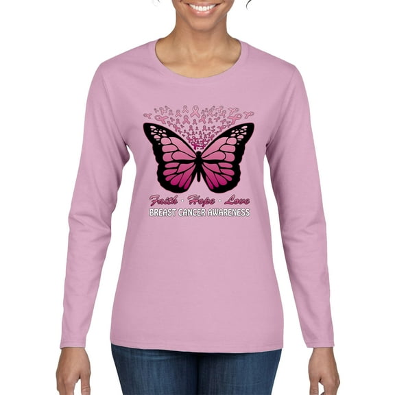 Wild Bobby Faith Hope Love Butterfly Ribbons Breast Cancer Awareness Women Graphic Long Sleeve Tee, Light Pink, XX-Large