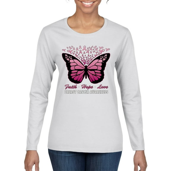 Wild Bobby Faith Hope Love Butterfly Ribbons Breast Cancer Awareness Women Graphic Long Sleeve Tee, White, Medium