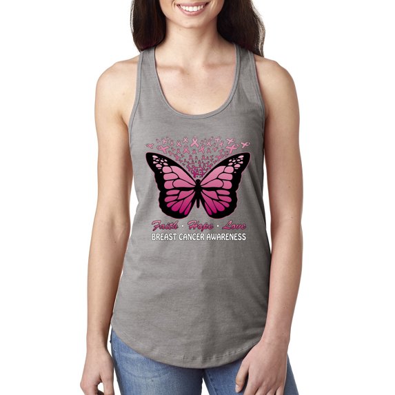 Wild Bobby Faith Hope Love Butterfly Ribbons Breast Cancer Awareness Women Racerback Tank Top, Heather Grey, X-Large