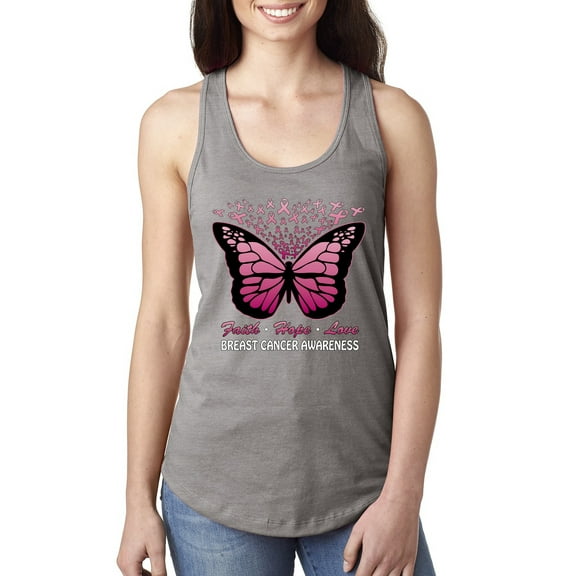 Wild Bobby Faith Hope Love Butterfly Ribbons Breast Cancer Awareness Women Racerback Tank Top, Heather Grey, X-Large