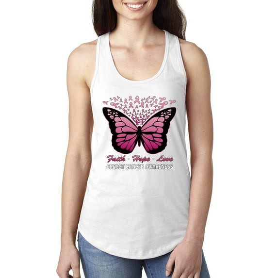 Wild Bobby Faith Hope Love Butterfly Ribbons Breast Cancer Awareness Women Racerback Tank Top, White, Small