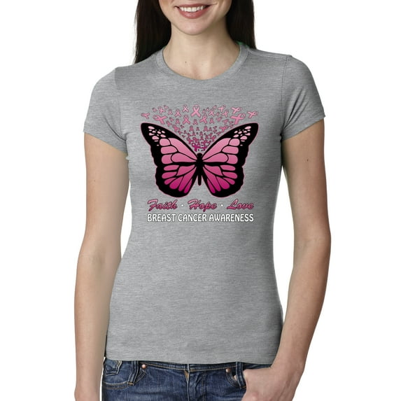 Wild Bobby Faith Hope Love Butterfly Ribbons Breast Cancer Awareness Women Slim Fit Junior Tee, Heather Grey, Large