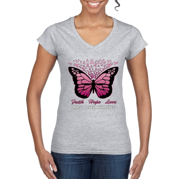 Wild Bobby Faith Hope Love Butterfly Ribbons Breast Cancer Awareness Women Standard V-Neck Tee, Heather Grey, Large