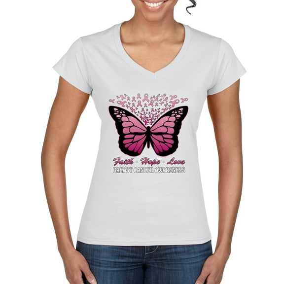 Wild Bobby Faith Hope Love Butterfly Ribbons Breast Cancer Awareness Women Standard V-Neck Tee, White, Large