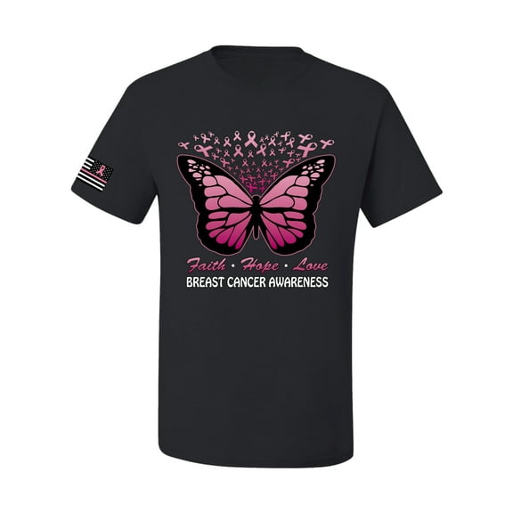 Wild Bobby Faith Hope Love Butterfly Ribbons US Flag Breast Cancer Awareness Men Tee, Black, Small
