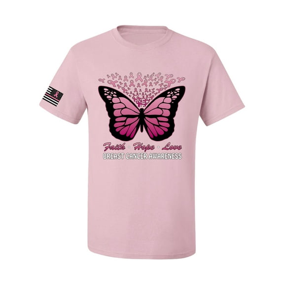 Wild Bobby Faith Hope Love Butterfly Ribbons US Flag Breast Cancer Awareness Men Tee, Light Pink, X-Large