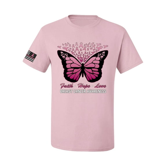 Wild Bobby Faith Hope Love Butterfly Ribbons US Flag Breast Cancer Awareness Men Tee, Light Pink, XX-Large