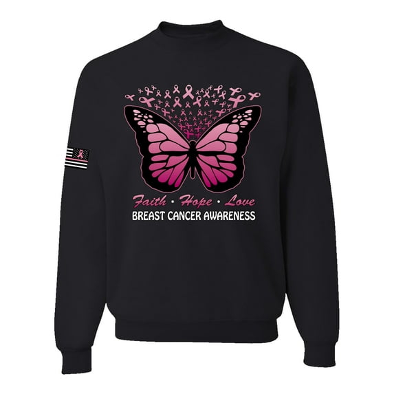 Wild Bobby Faith Hope Love Butterfly Ribbons US Flag Breast Cancer Awareness Unisex Crewneck Sweatshirt, Black, Small