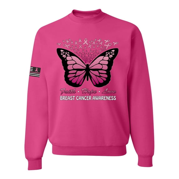 Wild Bobby Faith Hope Love Butterfly Ribbons US Flag Breast Cancer Awareness Unisex Crewneck Sweatshirt, Fuschia, 3X-Large