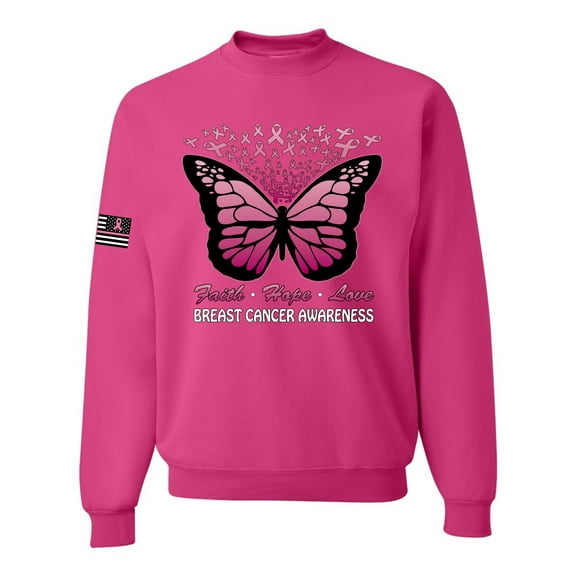 Wild Bobby Faith Hope Love Butterfly Ribbons US Flag Breast Cancer Awareness Unisex Crewneck Sweatshirt, Fuschia, Large