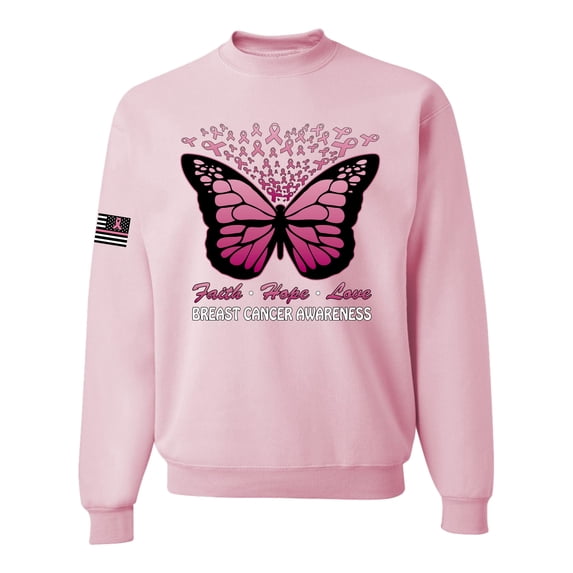 Wild Bobby Faith Hope Love Butterfly Ribbons US Flag Breast Cancer Awareness Unisex Crewneck Sweatshirt, Light Pink, Large