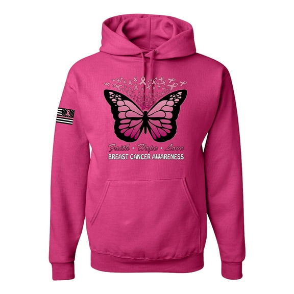 Wild Bobby Faith Hope Love Butterfly Ribbons US Flag Breast Cancer Awareness Unisex Hoodie Sweatshirt, Fuschia, XX-Large