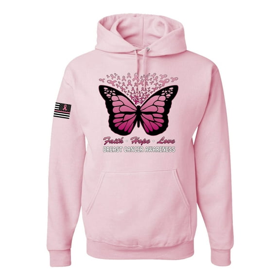 Wild Bobby Faith Hope Love Butterfly Ribbons US Flag Breast Cancer Awareness Unisex Hoodie Sweatshirt, Light Pink, 3X-Large