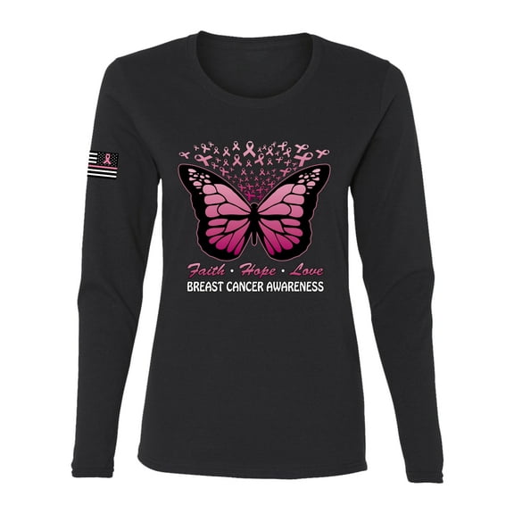 Wild Bobby Faith Hope Love Butterfly Ribbons US Flag Breast Cancer Awareness Women Graphic Long Sleeve Tee, Black, Small