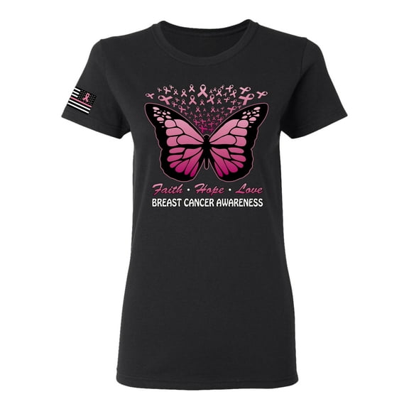 Wild Bobby Faith Hope Love Butterfly Ribbons US Flag Breast Cancer Awareness Women Graphic Tee, Black, Small