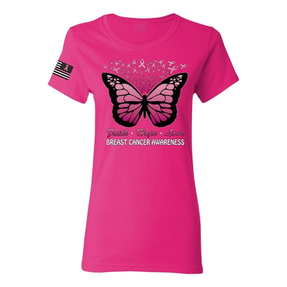 Wild Bobby Faith Hope Love Butterfly Ribbons US Flag Breast Cancer Awareness Women Graphic Tee, Fuschia, 3X-Large