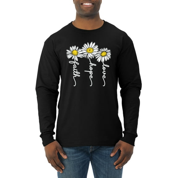 Wild Bobby, Faith Hope Love Daisy Flower Christian God Religious, Inspirational/Christian, Men Long Sleeve Shirt, Black, Small