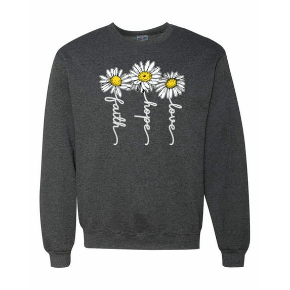 Wild Bobby, Faith Hope Love Daisy Flower Christian God Religious, Inspirational/Christian, Unisex Crewneck Graphic Sweatshirt, Heather Black, Large