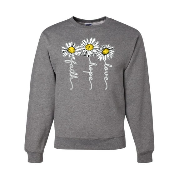 Wild Bobby, Faith Hope Love Daisy Flower Christian God Religious, Inspirational/Christian, Unisex Crewneck Graphic Sweatshirt, Heather Grey, X-Large