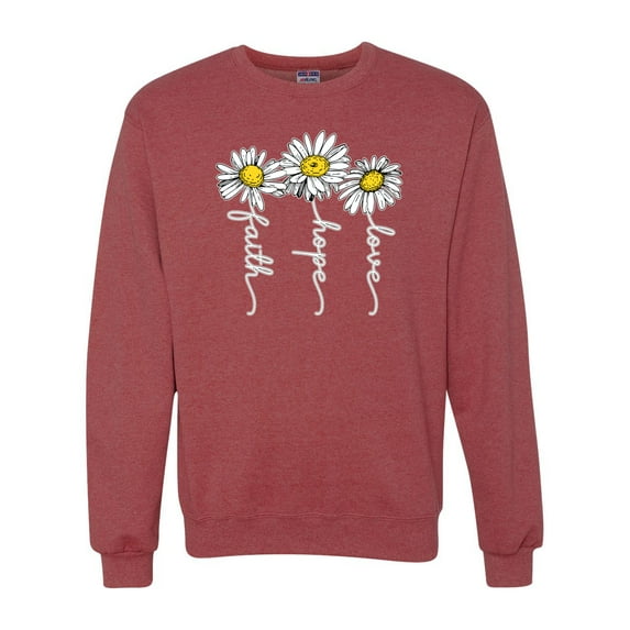 Wild Bobby, Faith Hope Love Daisy Flower Christian God Religious, Inspirational/Christian, Unisex Crewneck Graphic Sweatshirt, Vintage Heather Red, Large