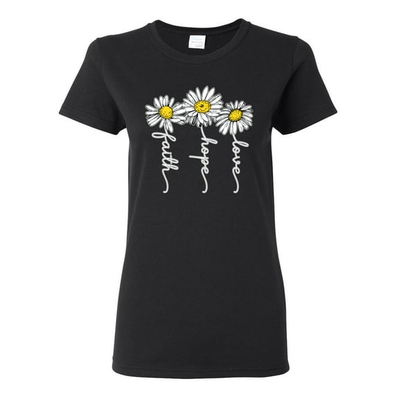 Wild Bobby, Faith Hope Love Daisy Flower Christian God Religious, Inspirational/Christian, Women Graphic Tee, Black, Small