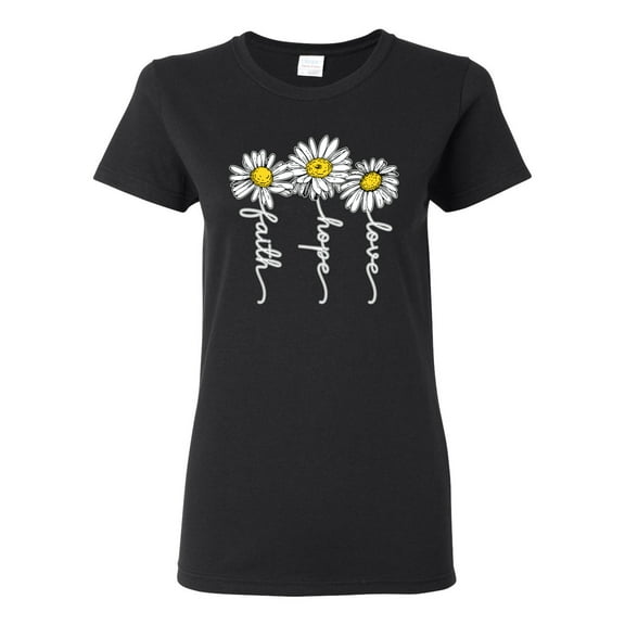 Wild Bobby, Faith Hope Love Daisy Flower Christian God Religious, Inspirational/Christian, Women Graphic Tee, Black, Small